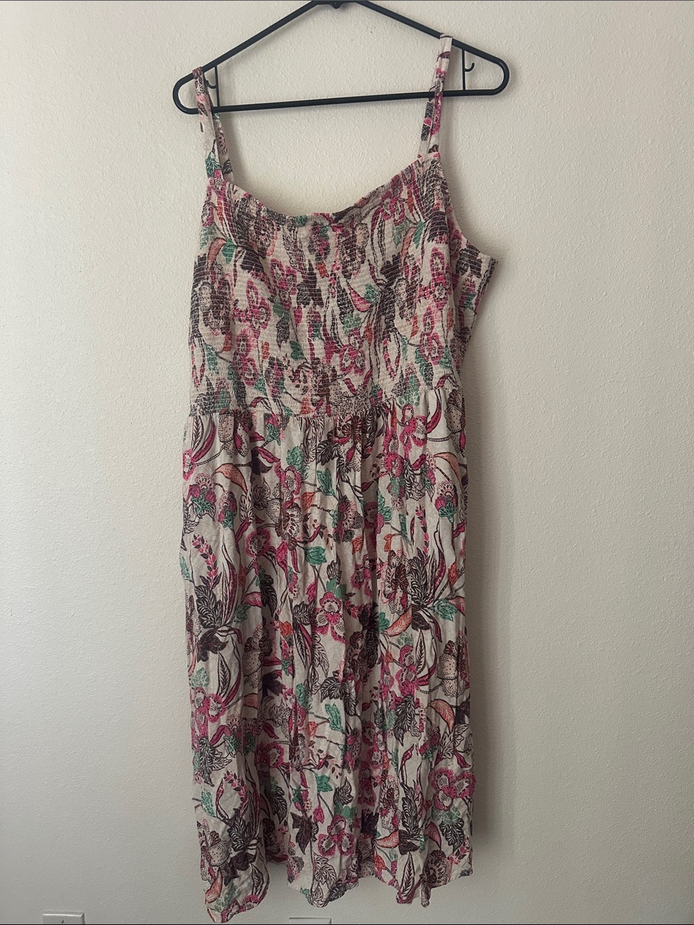 Old Navy Cream Floral Smocked Midi Dress with Pink & Green Accents